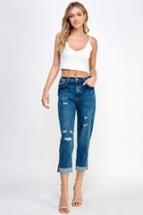DISTRESSED  HIGH RISE STRETCH MOM JEANS