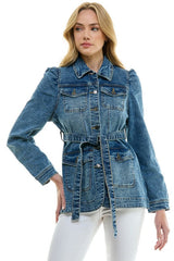 Stretch Solid Ladies Casual Denim Jacket with Belt(JK-4044)