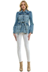 Stretch Solid Ladies Casual Denim Jacket with Belt