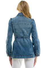 Stretch Solid Ladies Casual Denim Jacket with Belt(JK-4044)