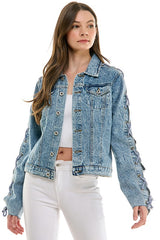 Denim Jacket with Lace on Sleeve(JK-4048)
