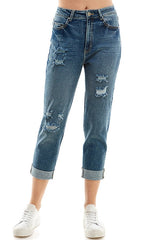 DESTRUCTED CUFFED MOM JEANS - Blueage Jeans