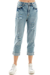 DESTRUCTED CUFFED MOM JEANS - Blueage Jeans
