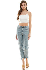 DISTRESSED DETAILED STRAIGHT LEG JEANS - Blueage Jeans