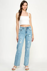 DISTRESSED DETAILED STRAIGHT LEG JEANS - Blueage Jeans