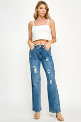 DISTRESSED DETAILED STRAIGHT LEG JEANS - Blueage Jeans