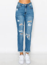 HIGH RISE BASIC ROLLED CUFF MOM JEANS - Blueage Jeans