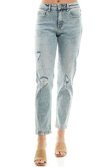 High-Rise Denim Mom Jeans with Distressed(JP-1070) - Blueage Jeans