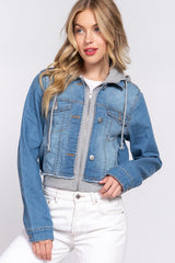 Long Sleeve Terry Hoodie Denim Jacket - Blueage Jeans